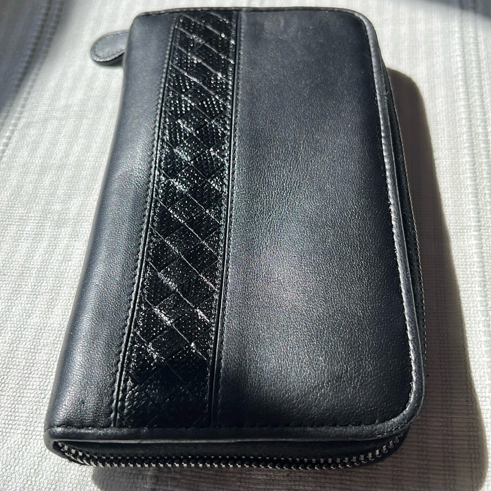 Bottega Veneta Black Leather Zip Wallet with box, dust bag, and COA